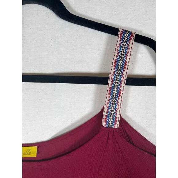 Dee Elle Womens M Top Wine Bell Sleeve Baby Doll Cold Shoulder Embroidery Strap - Picture 4 of 9